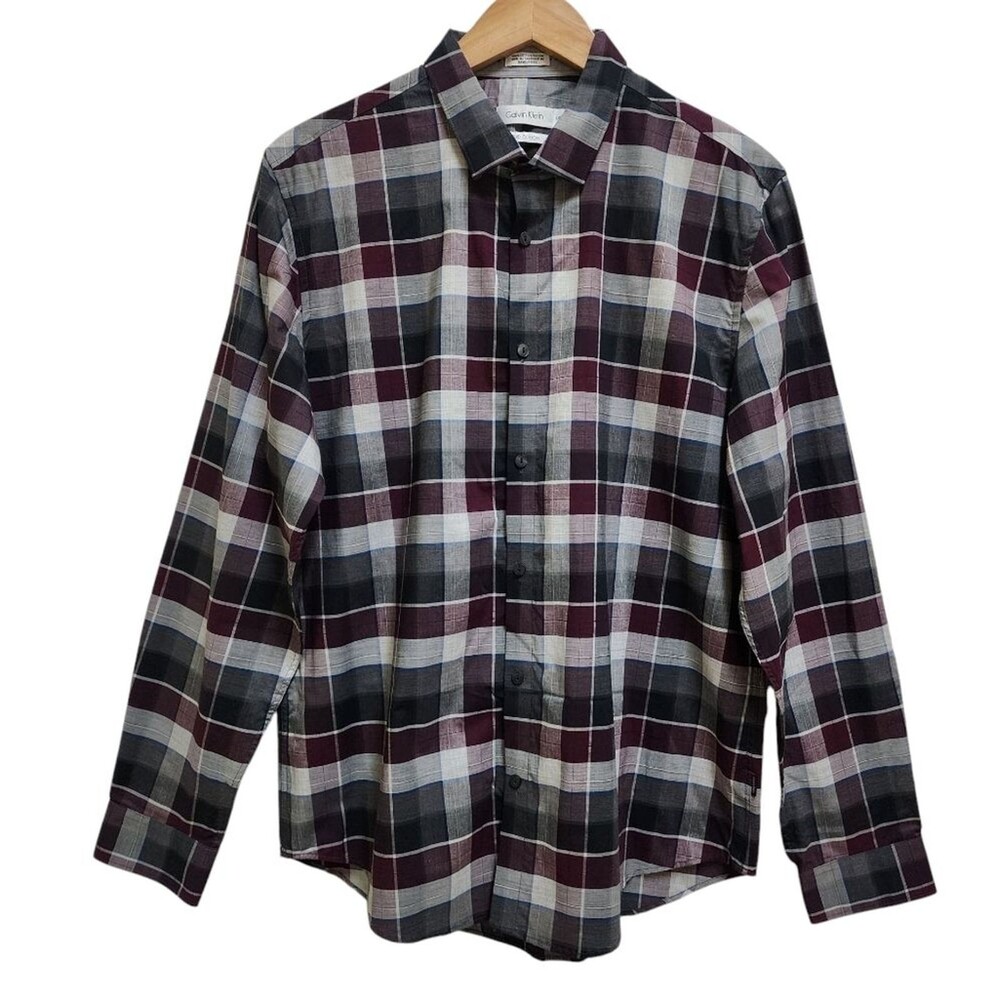 Calvin Klein Plaid Black Burgandy Button Long Slv Liquid Cotton Shirt Men Sz L